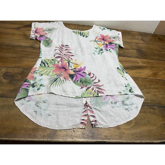 Terzo Millennio Small Tunic Blouse Linen Floral Hi Lo Coastal Lagenlook Italy - Picture 5 of 11